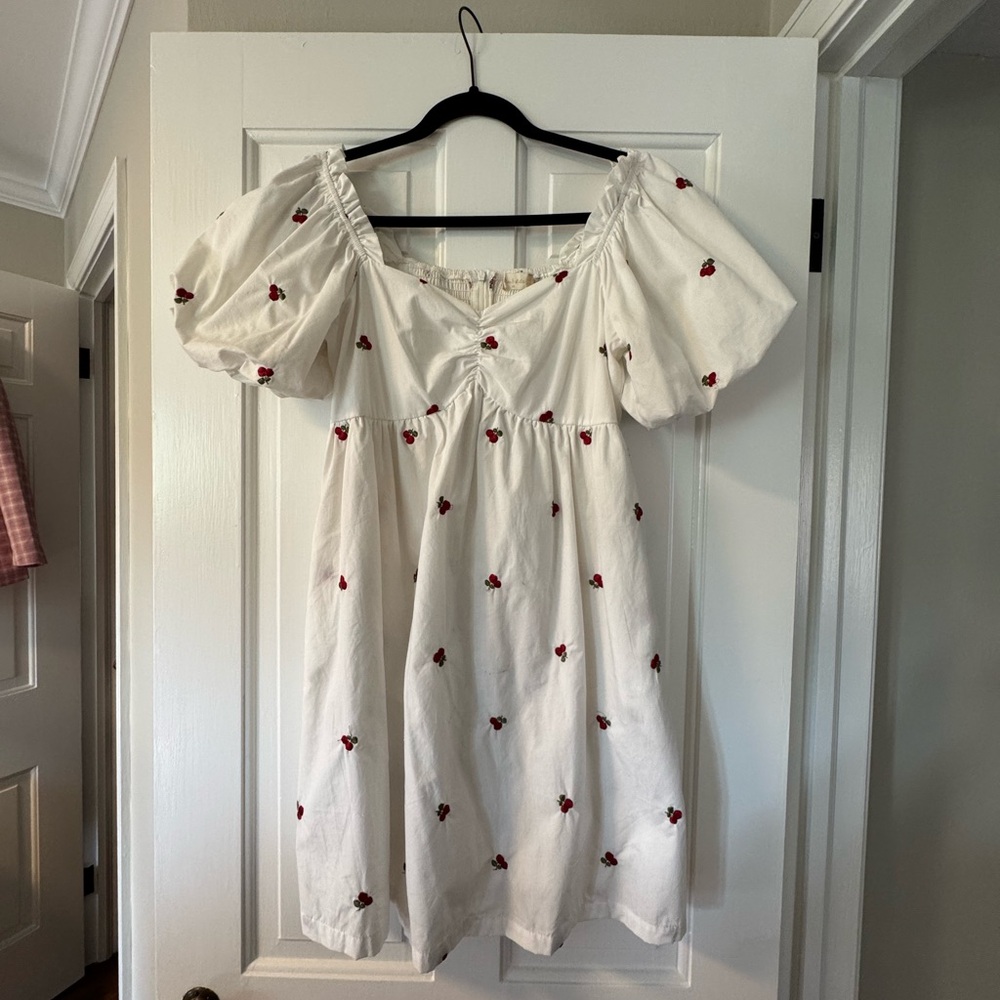 White Dress with Red Cherry Embroidery
